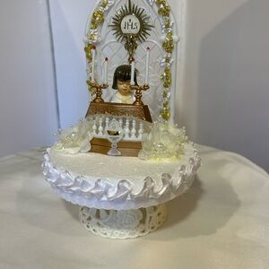 Elegant White and Gold First Communion Cake Topper